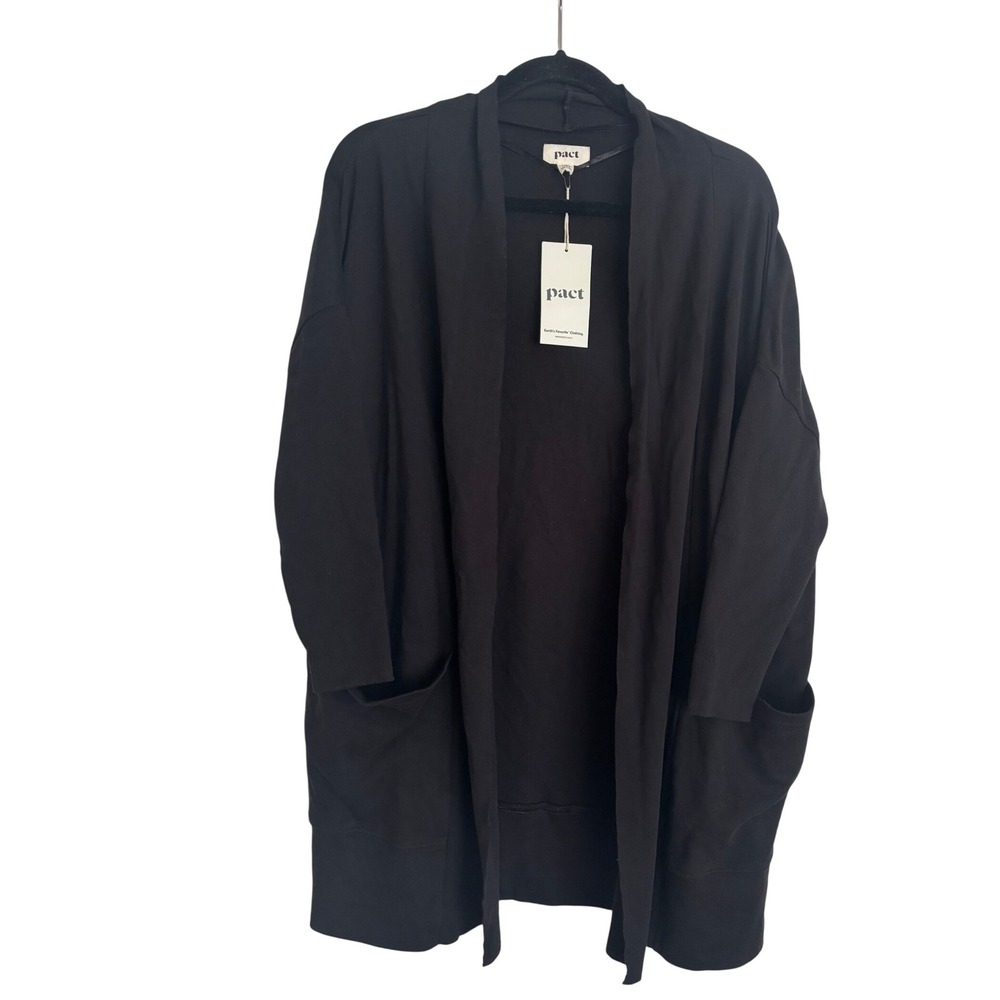 Pact Organic Cotton Open Front Cardigan Black 3/4 Sleeve Pockets XS/S NWT